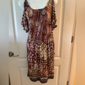 Mlle Gabrielle cold shoulder pocket stretch summer dress earth tone colors L